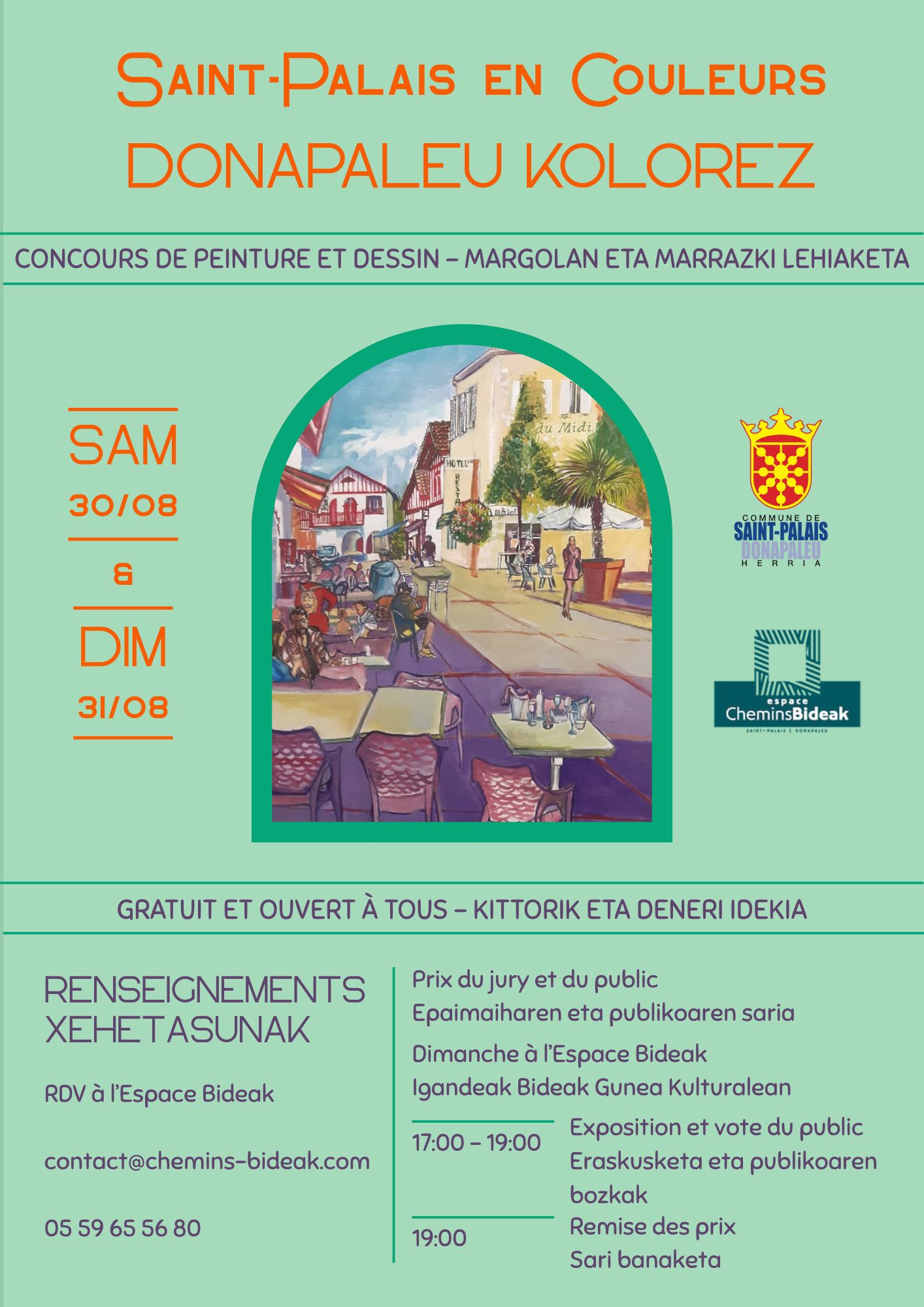 Concours de peinture "Saint-Palais en Couleurs" le samedi 30 août et dimanche 31 août. Gratuit et ouvert à tous.